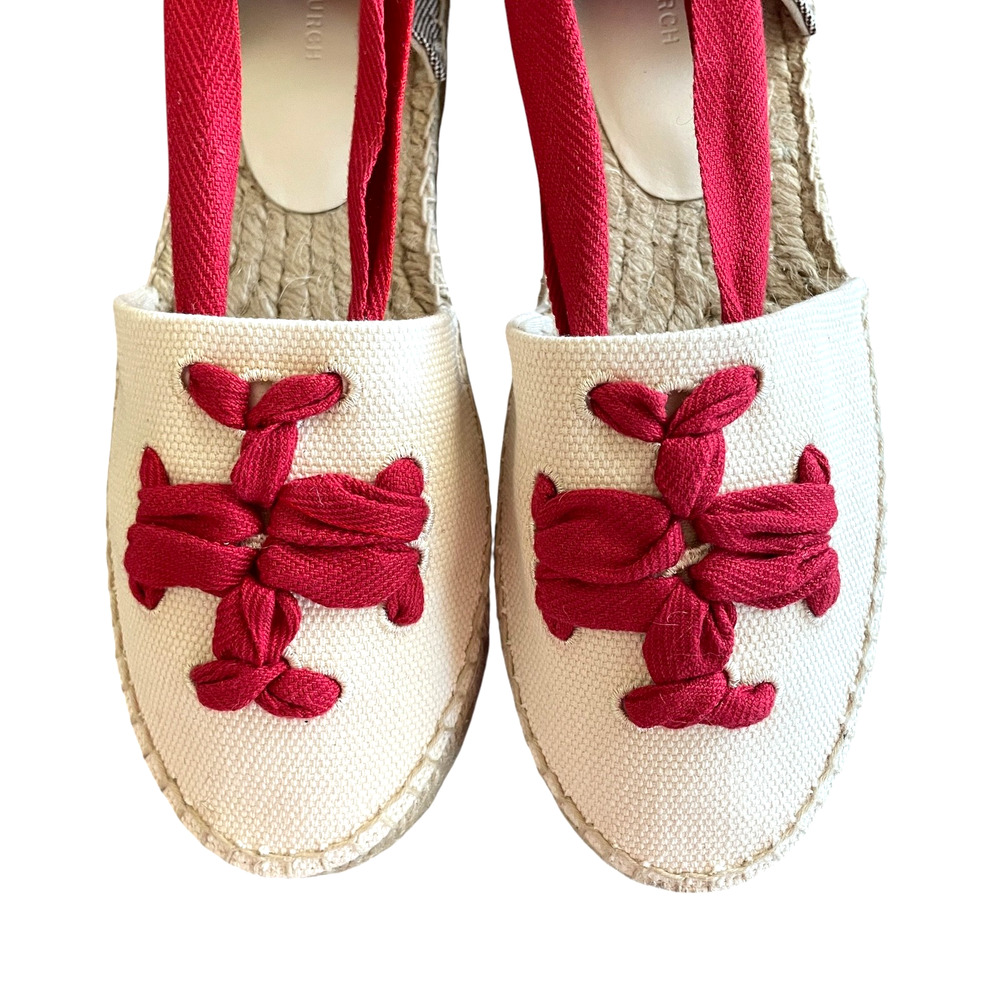 TORY BURCH Size 10 Woven Double T Espadrille Red Wrap-Around Tie Platform Flats - Picture 2 of 13